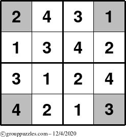 The grouppuzzles.com Answer grid for the Sudoku-4-OC puzzle for Friday December 4, 2020