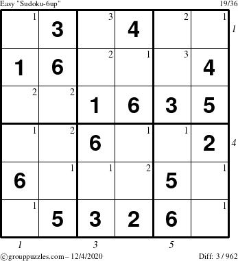 The grouppuzzles.com Easy Sudoku-6up puzzle for Friday December 4, 2020, suitable for printing, with all 3 steps marked