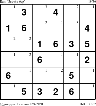 The grouppuzzles.com Easy Sudoku-6up puzzle for Friday December 4, 2020 with the first 3 steps marked