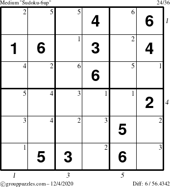 The grouppuzzles.com Medium Sudoku-6up puzzle for Friday December 4, 2020 with all 6 steps marked