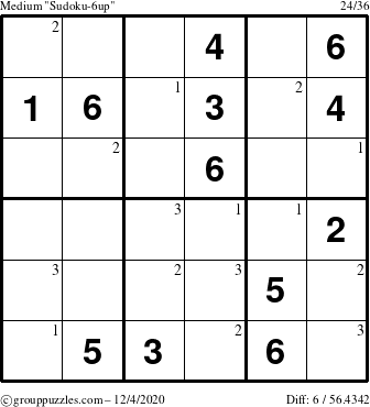 The grouppuzzles.com Medium Sudoku-6up puzzle for Friday December 4, 2020 with the first 3 steps marked