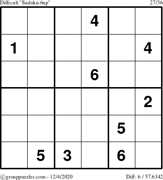 The grouppuzzles.com Difficult Sudoku-6up puzzle for Friday December 4, 2020