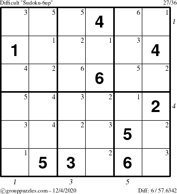 The grouppuzzles.com Difficult Sudoku-6up puzzle for Friday December 4, 2020, suitable for printing, with all 6 steps marked