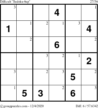 The grouppuzzles.com Difficult Sudoku-6up puzzle for Friday December 4, 2020 with the first 3 steps marked