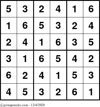 The grouppuzzles.com Answer grid for the Sudoku-6up puzzle for Friday December 4, 2020