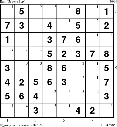 The grouppuzzles.com Easy Sudoku-8up puzzle for Friday December 4, 2020 with all 4 steps marked