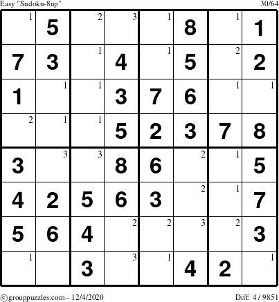 The grouppuzzles.com Easy Sudoku-8up puzzle for Friday December 4, 2020 with the first 3 steps marked