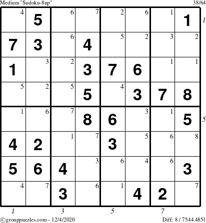 The grouppuzzles.com Medium Sudoku-8up puzzle for Friday December 4, 2020 with all 8 steps marked