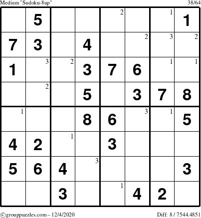 The grouppuzzles.com Medium Sudoku-8up puzzle for Friday December 4, 2020 with the first 3 steps marked