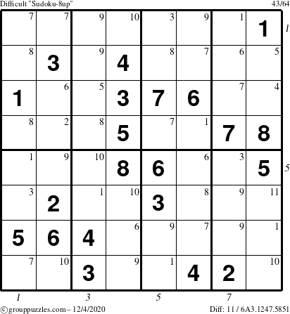 The grouppuzzles.com Difficult Sudoku-8up puzzle for Friday December 4, 2020 with all 11 steps marked