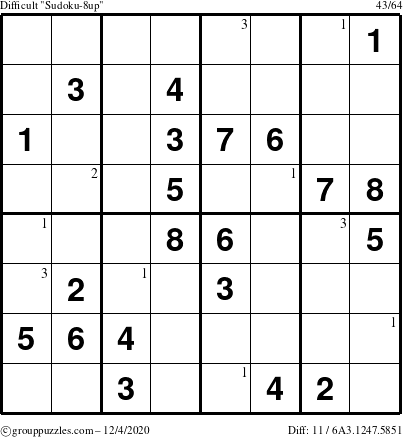 The grouppuzzles.com Difficult Sudoku-8up puzzle for Friday December 4, 2020 with the first 3 steps marked