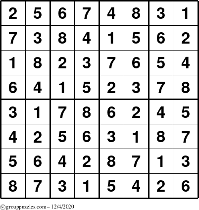 The grouppuzzles.com Answer grid for the Sudoku-8up puzzle for Friday December 4, 2020