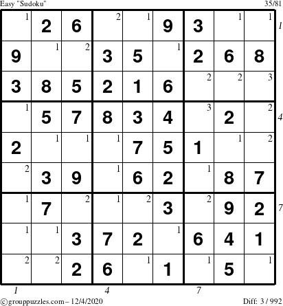 The grouppuzzles.com Easy Sudoku puzzle for Friday December 4, 2020 with all 3 steps marked