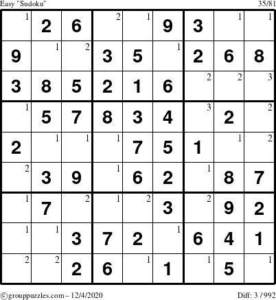 The grouppuzzles.com Easy Sudoku puzzle for Friday December 4, 2020 with the first 3 steps marked