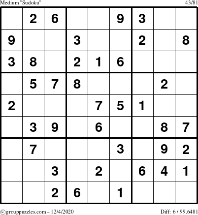 The grouppuzzles.com Medium Sudoku puzzle for Friday December 4, 2020