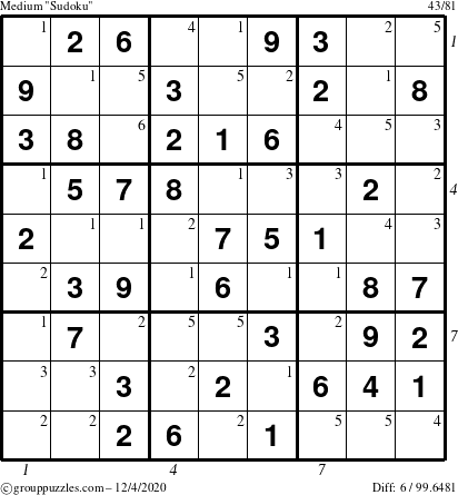 The grouppuzzles.com Medium Sudoku puzzle for Friday December 4, 2020 with all 6 steps marked