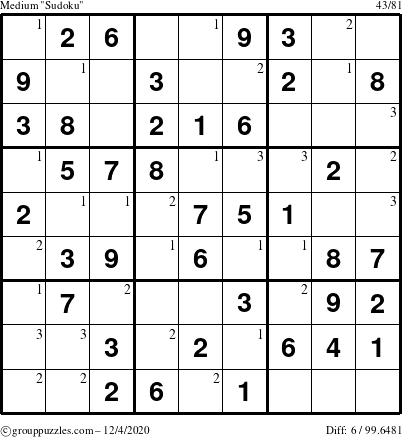 The grouppuzzles.com Medium Sudoku puzzle for Friday December 4, 2020 with the first 3 steps marked