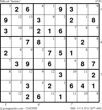 The grouppuzzles.com Difficult Sudoku puzzle for Friday December 4, 2020, suitable for printing, with all 13 steps marked