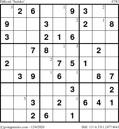 The grouppuzzles.com Difficult Sudoku puzzle for Friday December 4, 2020 with the first 3 steps marked