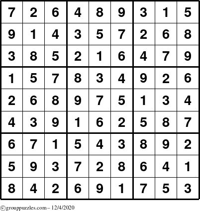 The grouppuzzles.com Answer grid for the Sudoku puzzle for Friday December 4, 2020