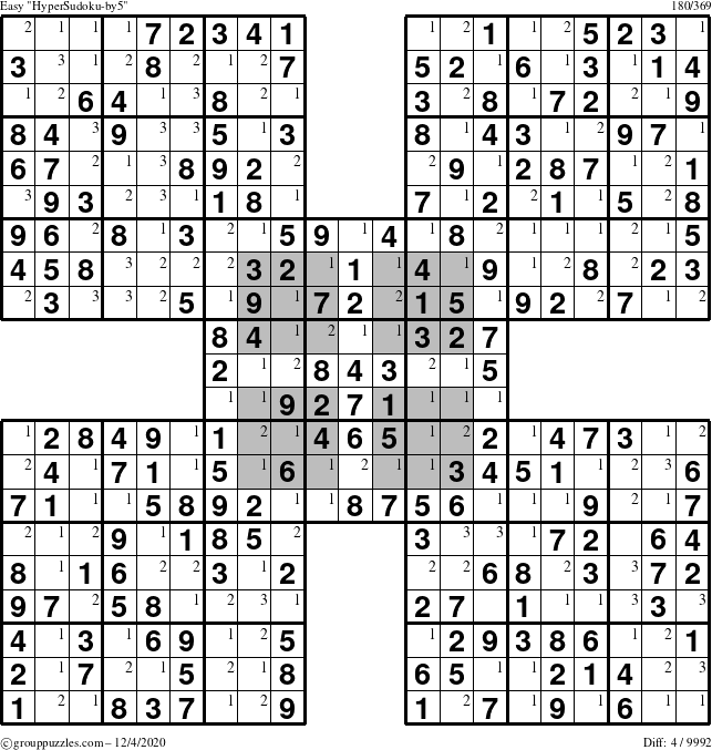 The grouppuzzles.com Easy HyperSudoku-by5 puzzle for Friday December 4, 2020 with the first 3 steps marked