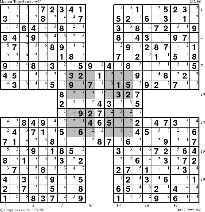 The grouppuzzles.com Medium HyperSudoku-by5 puzzle for Friday December 4, 2020, suitable for printing, with all 7 steps marked