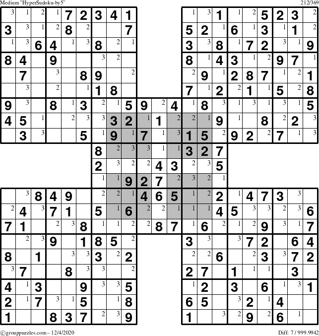 The grouppuzzles.com Medium HyperSudoku-by5 puzzle for Friday December 4, 2020 with the first 3 steps marked