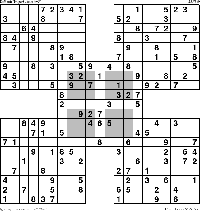 The grouppuzzles.com Difficult HyperSudoku-by5 puzzle for Friday December 4, 2020