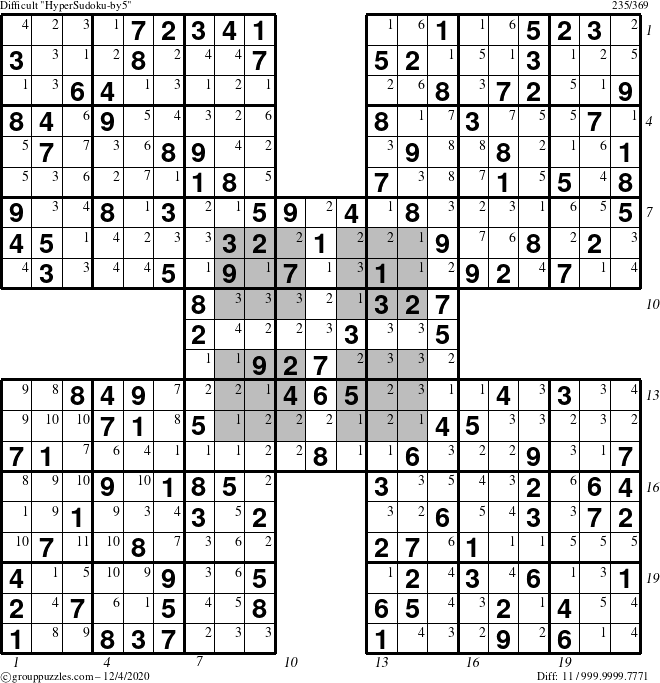 The grouppuzzles.com Difficult HyperSudoku-by5 puzzle for Friday December 4, 2020 with all 11 steps marked