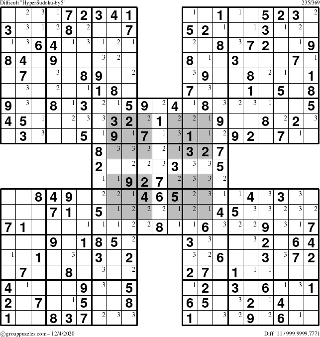 The grouppuzzles.com Difficult HyperSudoku-by5 puzzle for Friday December 4, 2020 with the first 3 steps marked