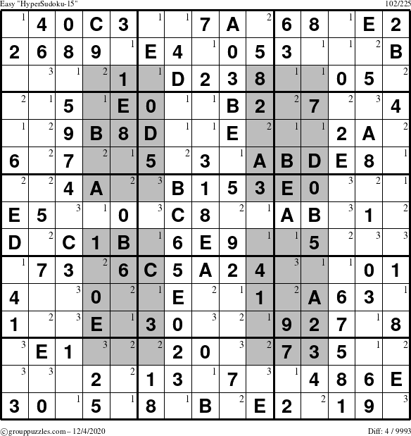 The grouppuzzles.com Easy HyperSudoku-15 puzzle for Friday December 4, 2020 with the first 3 steps marked