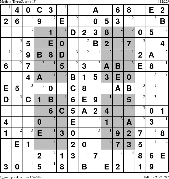 The grouppuzzles.com Medium HyperSudoku-15 puzzle for Friday December 4, 2020 with the first 3 steps marked