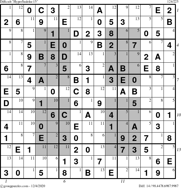 The grouppuzzles.com Difficult HyperSudoku-15 puzzle for Friday December 4, 2020, suitable for printing, with all 14 steps marked