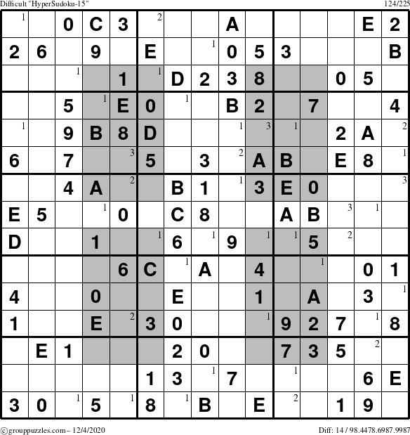 The grouppuzzles.com Difficult HyperSudoku-15 puzzle for Friday December 4, 2020 with the first 3 steps marked