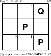 The grouppuzzles.com Easy TicTac-PQR puzzle for Friday December 4, 2020 with the first 2 steps marked