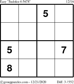 The grouppuzzles.com Easy Sudoku-4-5678 puzzle for Monday December 21, 2020