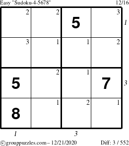 The grouppuzzles.com Easy Sudoku-4-5678 puzzle for Monday December 21, 2020 with all 3 steps marked