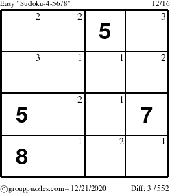 The grouppuzzles.com Easy Sudoku-4-5678 puzzle for Monday December 21, 2020 with the first 3 steps marked