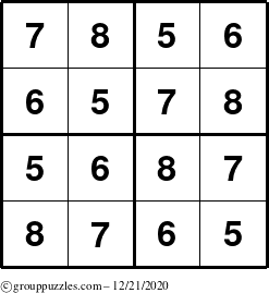 The grouppuzzles.com Answer grid for the Sudoku-4-5678 puzzle for Monday December 21, 2020