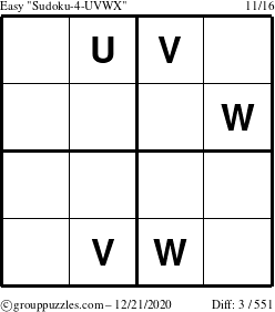 The grouppuzzles.com Easy Sudoku-4-UVWX puzzle for Monday December 21, 2020