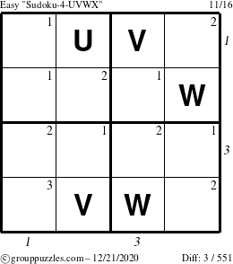 The grouppuzzles.com Easy Sudoku-4-UVWX puzzle for Monday December 21, 2020 with all 3 steps marked