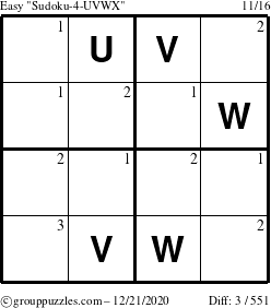 The grouppuzzles.com Easy Sudoku-4-UVWX puzzle for Monday December 21, 2020 with the first 3 steps marked