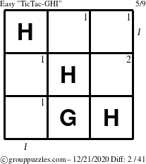 The grouppuzzles.com Easy TicTac-GHI puzzle for Monday December 21, 2020 with all 2 steps marked