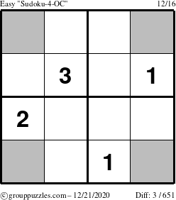 The grouppuzzles.com Easy Sudoku-4-OC puzzle for Monday December 21, 2020