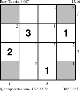 The grouppuzzles.com Easy Sudoku-4-OC puzzle for Monday December 21, 2020 with all 3 steps marked