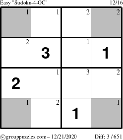 The grouppuzzles.com Easy Sudoku-4-OC puzzle for Monday December 21, 2020 with the first 3 steps marked