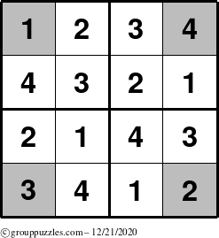 The grouppuzzles.com Answer grid for the Sudoku-4-OC puzzle for Monday December 21, 2020