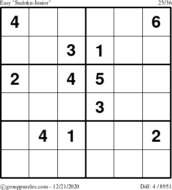 The grouppuzzles.com Easy Sudoku-Junior puzzle for Monday December 21, 2020