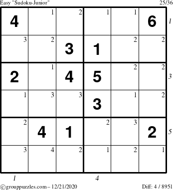 The grouppuzzles.com Easy Sudoku-Junior puzzle for Monday December 21, 2020 with all 4 steps marked