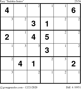 The grouppuzzles.com Easy Sudoku-Junior puzzle for Monday December 21, 2020 with the first 3 steps marked